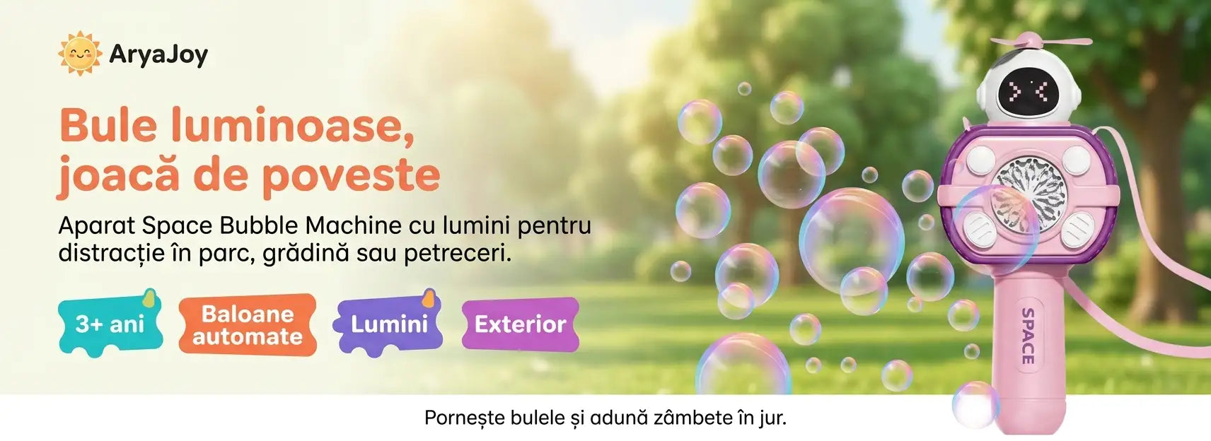 Banner AryaJoy pentru aparatul Space Bubble Machine cu lumini și baloane de săpun pentru exterior.