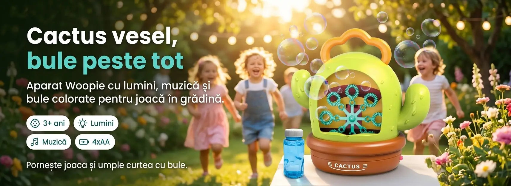 Banner AryaJoy pentru aparatul de baloane Woopie Cactus Bubble, cu lumini, muzică și bule.