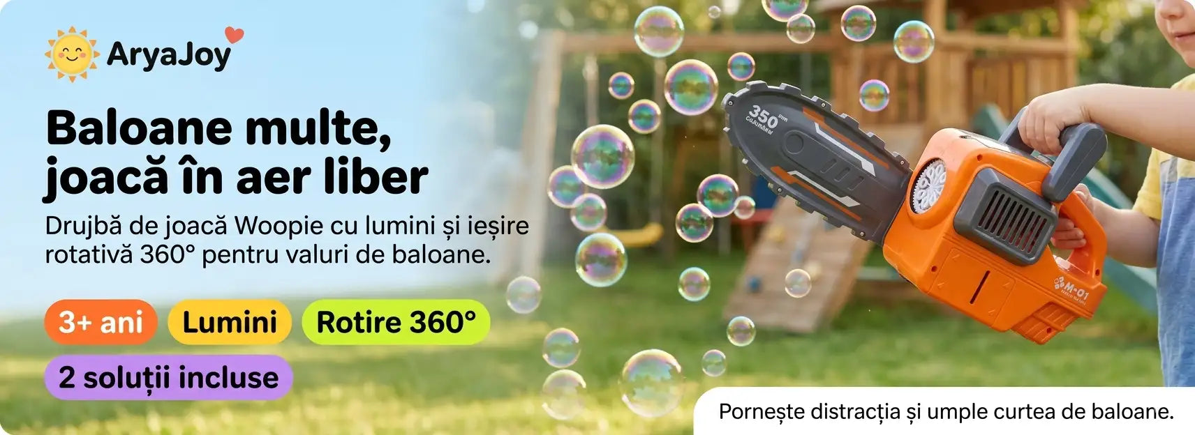 Banner AryaJoy pentru aparatul de baloane Woopie tip drujbă, cu lumini și rotire 360°.