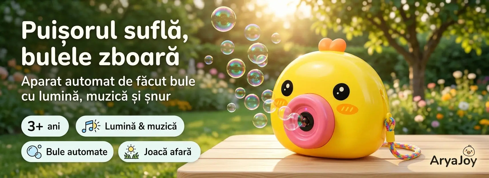 Banner AryaJoy pentru aparatul de făcut bule Woopie Puișor, cu lumină, muzică, șnur și bule automate pentru joacă afară.