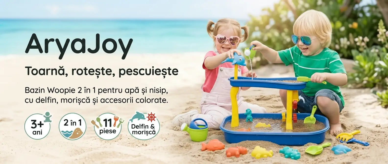 Banner AryaJoy pentru bazinul Woopie Delfin Cascadă 2 în 1, cu apă, nisip, morișcă și 11 piese pentru copii de la 3 ani.