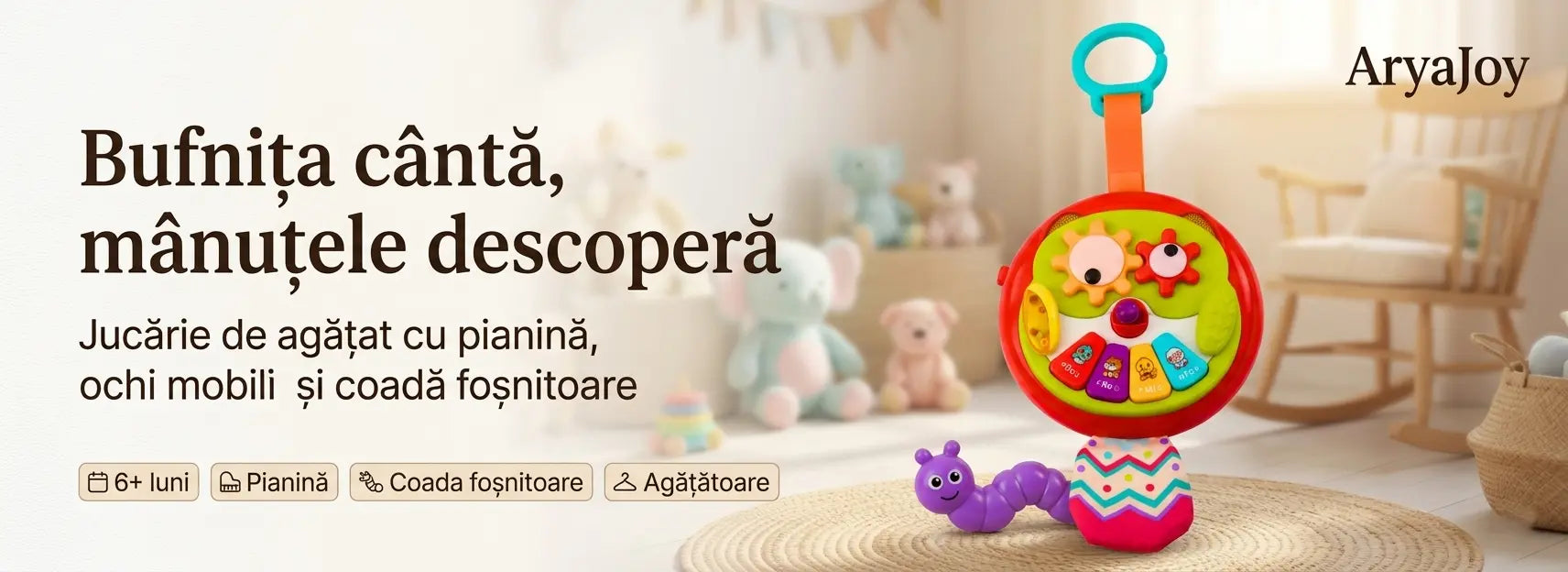 Banner AryaJoy pentru bufnița interactivă Lean Toys cu pianină, ochi mobili, coadă foșnitoare și agățătoare, 6+ luni.