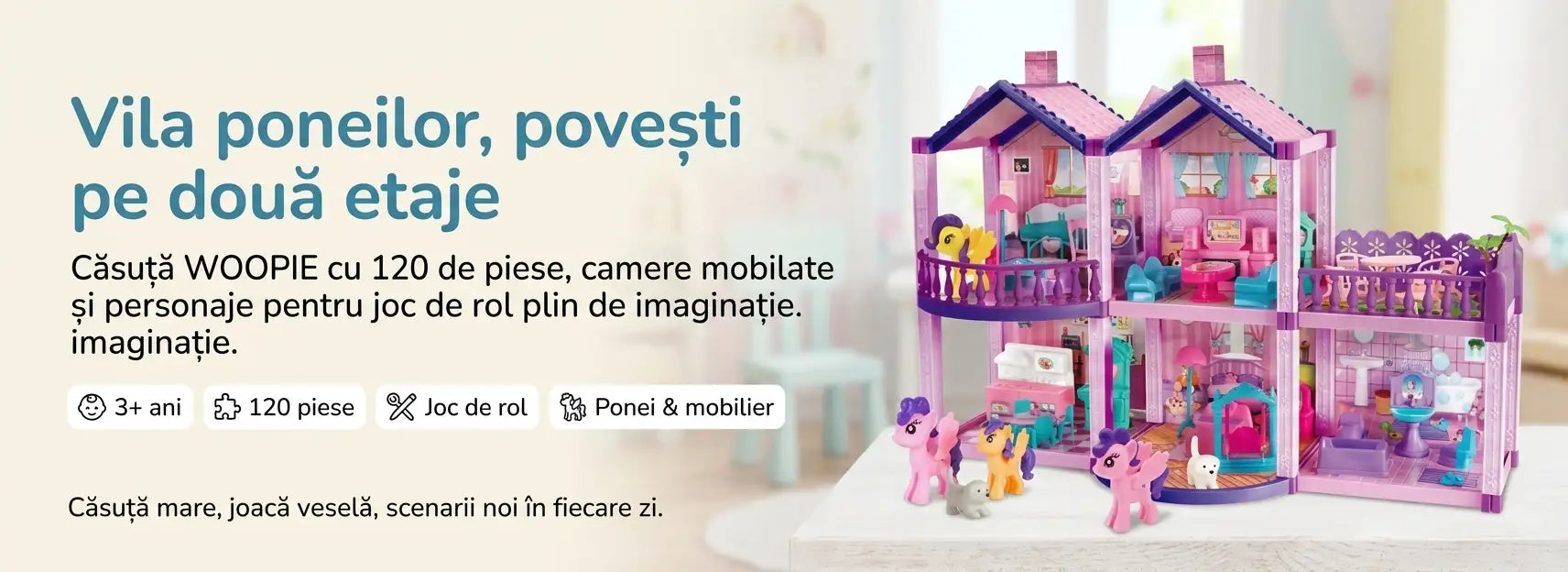 Banner AryaJoy pentru căsuța de păpuși Woopie Pony Fantasy Villa, cu 120 piese și ponei.