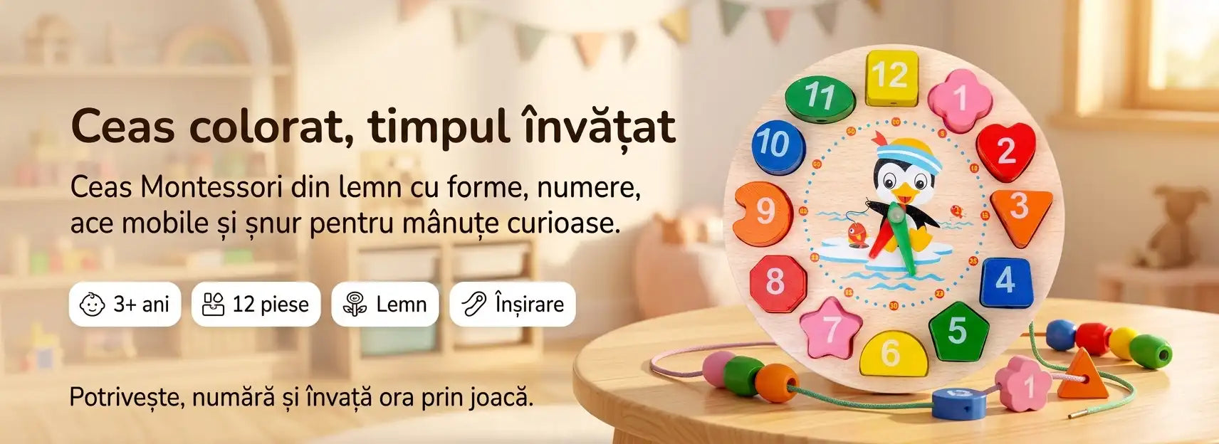 Banner AryaJoy pentru ceasul educativ Montessori din lemn Lean Toys, cu forme colorate, numere, ace mobile și șnur de înșirat.