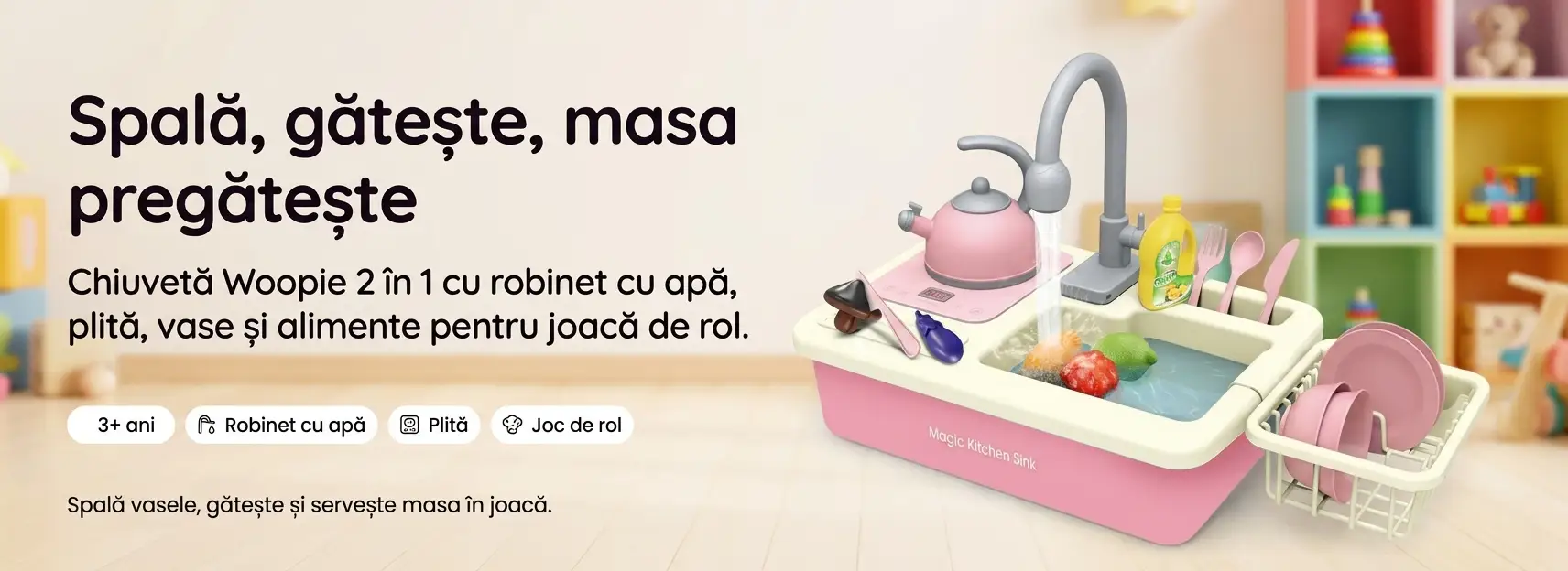 Banner AryaJoy pentru chiuveta de bucătărie Woopie Magic Kitchen Sink, cu robinet cu apă, plită, vase roz și alimente de jucărie.