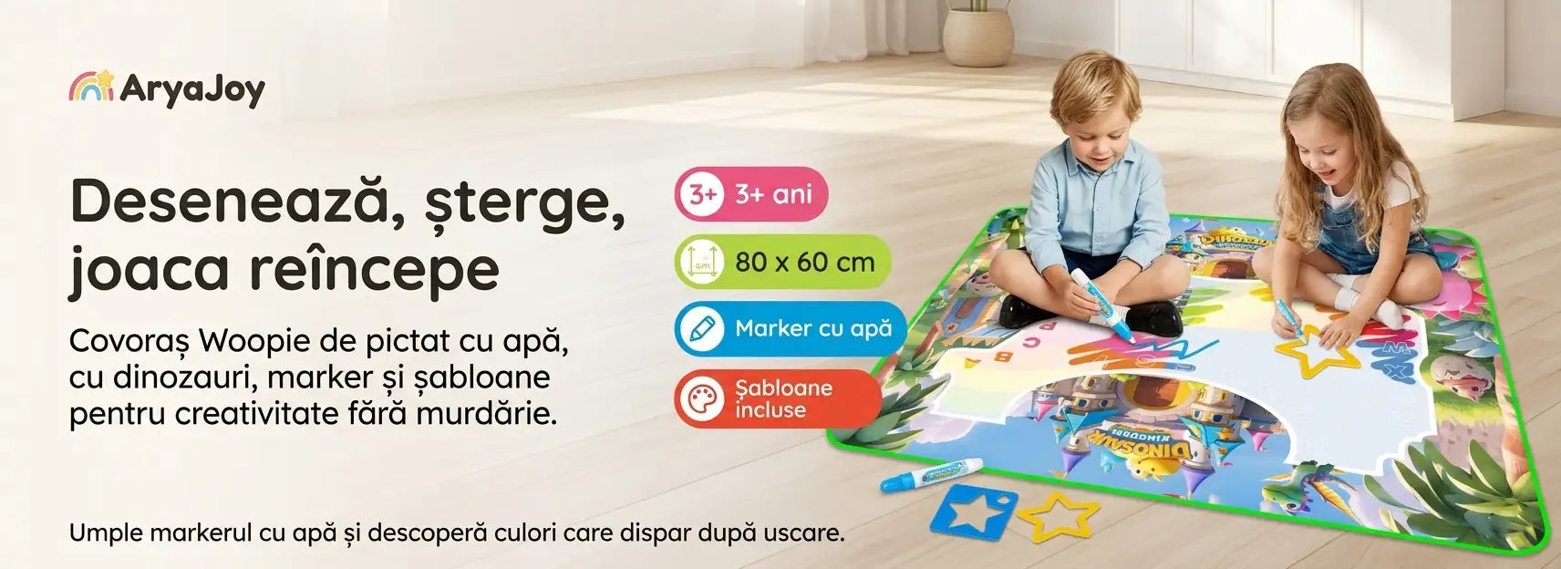 Banner AryaJoy pentru covorașul de pictat cu apă Woopie cu dinozauri, marker cu apă, șabloane incluse și joacă creativă fără murdărie.