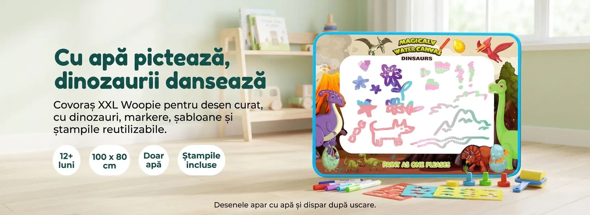Banner AryaJoy pentru covorașul de pictat cu apă Woopie XXL cu dinozauri, markere, șabloane, ștampile și joacă reutilizabilă fără murdărie.