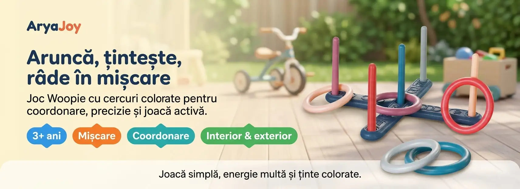 Banner AryaJoy pentru jocul de aruncat cercuri Woopie, cu ținte și cercuri colorate pentru joacă activă.