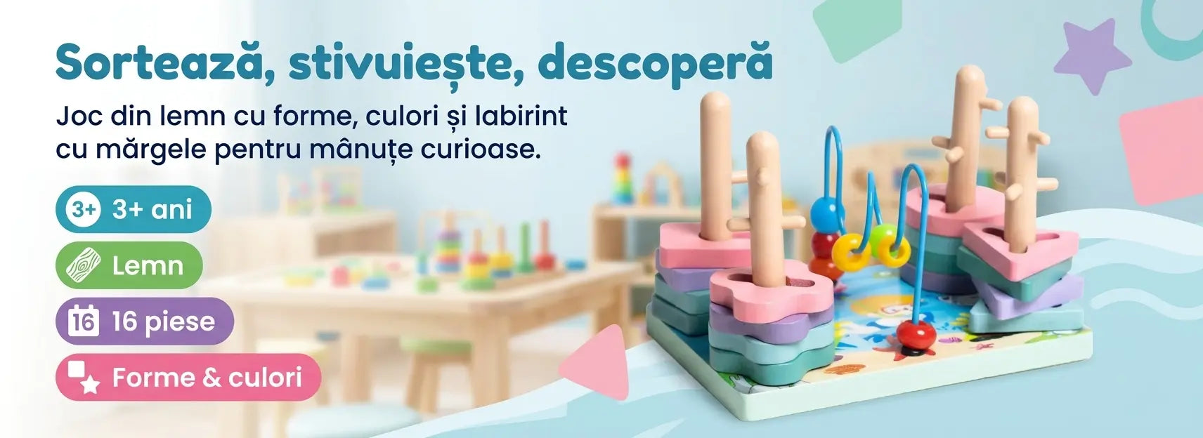 Banner AryaJoy pentru jocul educativ Lean Toys din lemn, cu forme, culori, 16 piese și labirint cu mărgele.