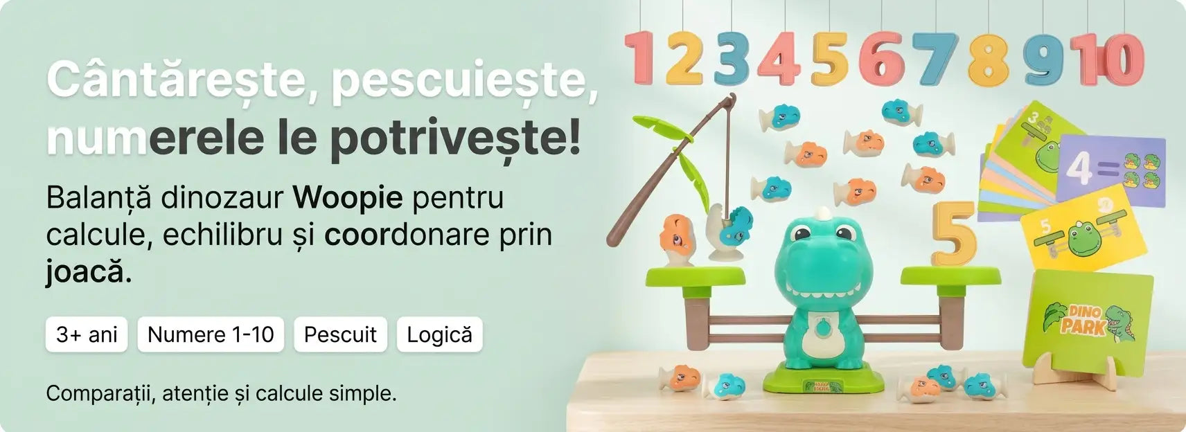 Banner AryaJoy pentru jocul educativ Woopie Balanță Dinozaur, cu pescuit, numere și echilibru.
