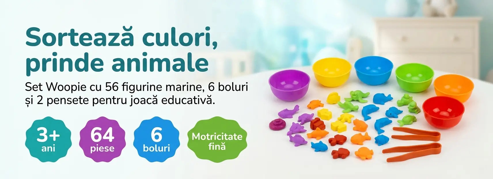 Banner AryaJoy pentru jocul educativ Woopie de sortare culori Animale Marine, cu 64 de piese, 56 figurine marine, 6 boluri și 2 pensete.