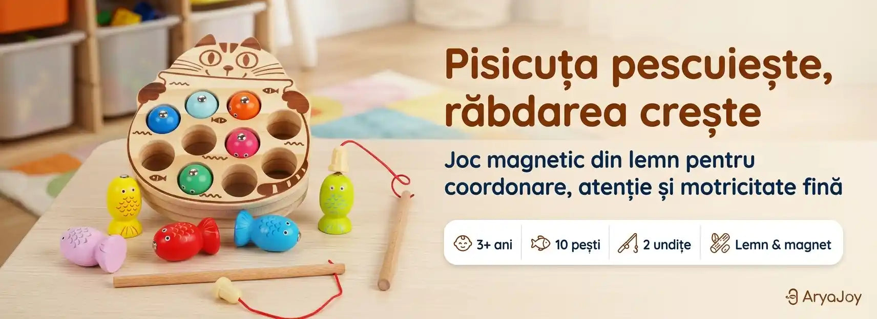 Banner AryaJoy pentru jocul magnetic de pescuit Lean Toys în formă de pisică din lemn, cu 10 pești, 2 undițe și beneficii pentru coordonare.