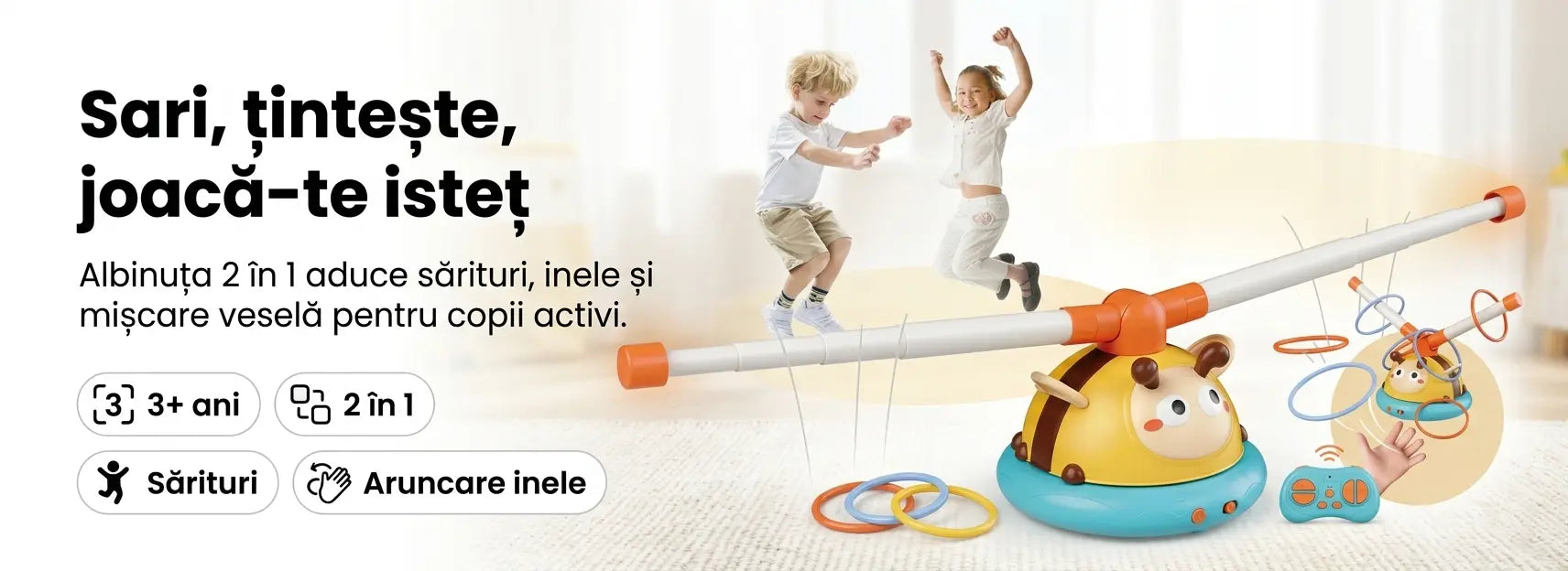 Banner AryaJoy pentru jocul de mișcare Woopie Albinuță 2 în 1, cu sărituri, aruncare de inele și telecomandă