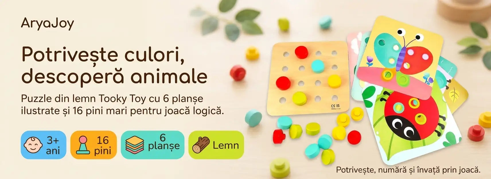 Banner AryaJoy pentru jocul Tooky Toy Pattern Pegs Big, cu planșe animale și pini colorați.
