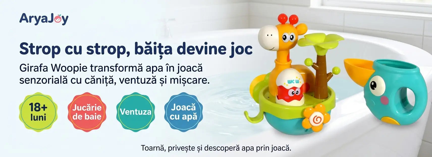 Banner AryaJoy pentru jucăria de baie Girafa Woopie, cu căniță, ventuză și joacă cu apă.