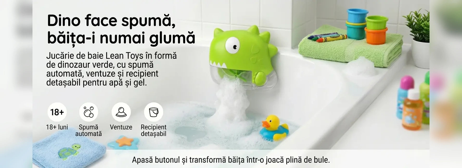 Banner AryaJoy pentru jucăria de baie Lean Toys în formă de dinozaur verde, cu spumă automată, ventuze și recipient detașabil pentru copii de la 18 luni.