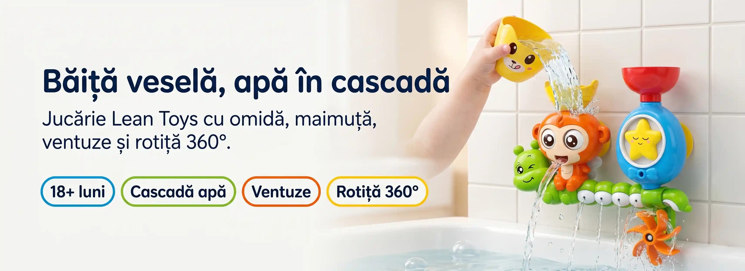 Banner AryaJoy pentru jucăria de baie Lean Toys cu omidă, maimuță, ventuze, cascadă de apă și rotiță 360° pentru copii de la 18 luni.