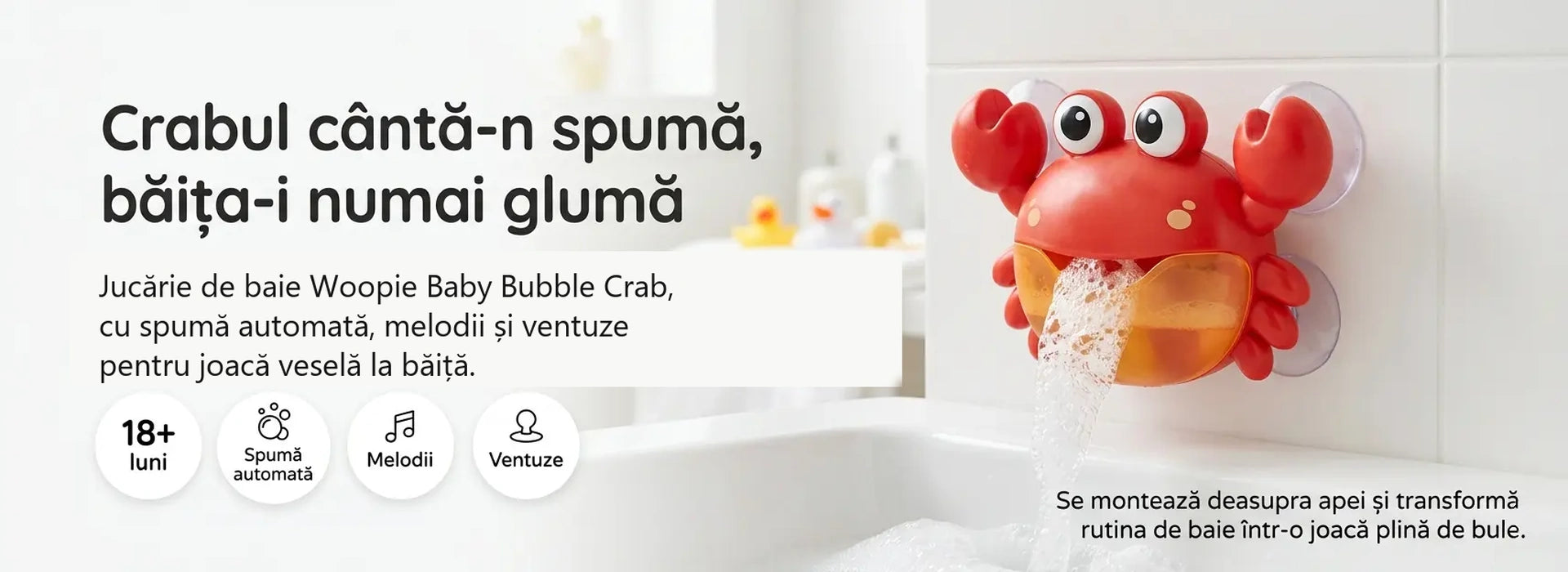 Banner AryaJoy pentru jucăria de baie Woopie Baby Bubble Crab, crab roșu cu spumă automată, melodii și ventuze, montat deasupra apei.
