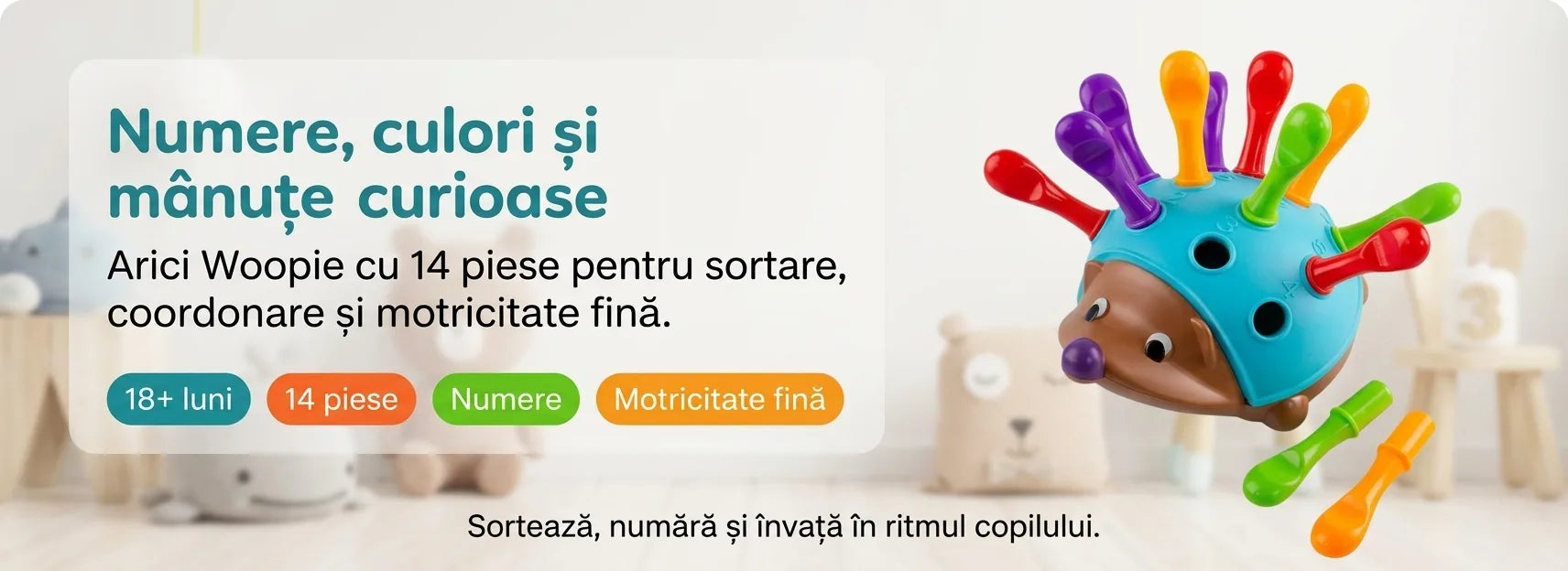 Banner AryaJoy pentru Ariciul Woopie, jucărie educativă cu numere și țepi colorați pentru copii 18+ luni.
