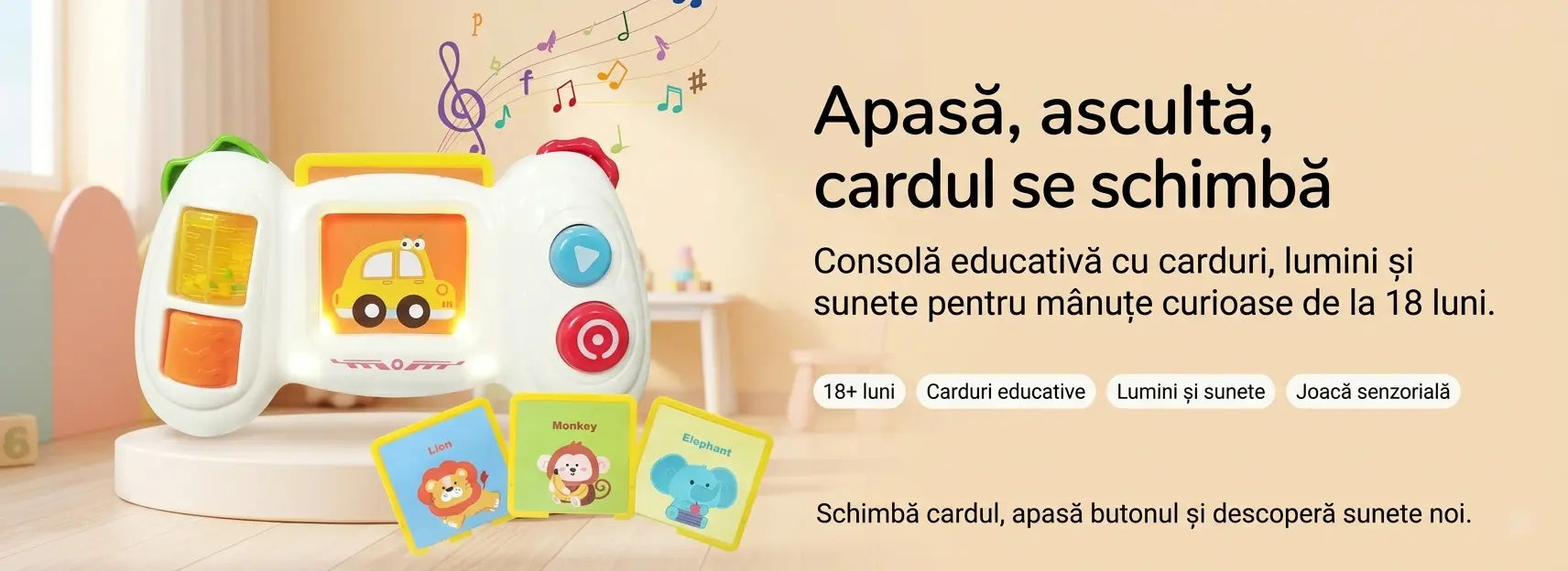 Banner AryaJoy pentru consola interactivă educativă Huanger, cu carduri, lumini, sunete și butoane pentru copii 18+ luni.