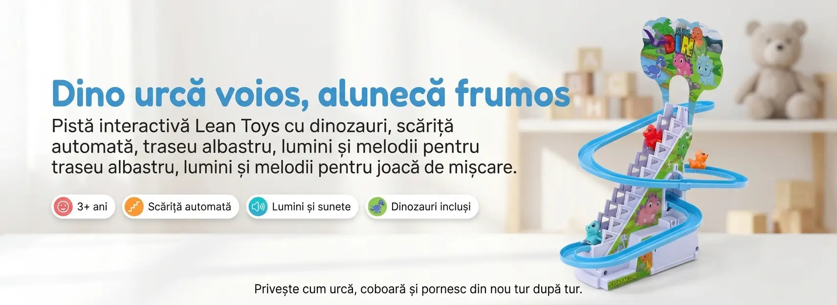 Banner AryaJoy pentru pista interactivă Lean Toys cu dinozauri, scăriță automată, traseu albastru, lumini, melodii și figurine incluse.
