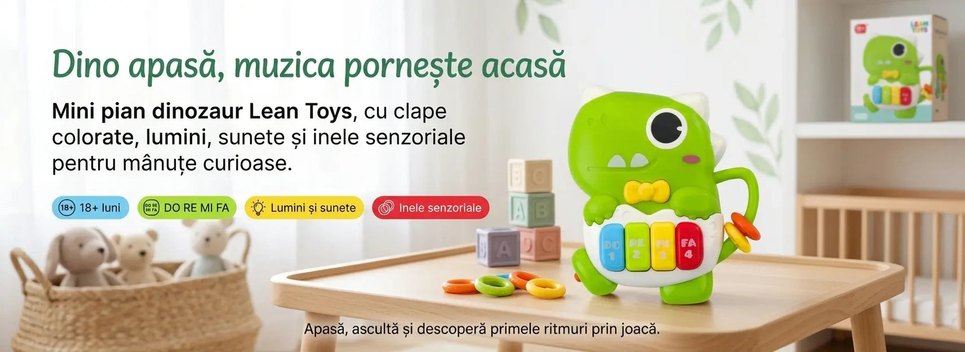 Banner AryaJoy pentru mini pianul dinozaur verde Lean Toys, cu clape colorate, lumini, sunete și inele senzoriale pentru copii de la 18 luni.