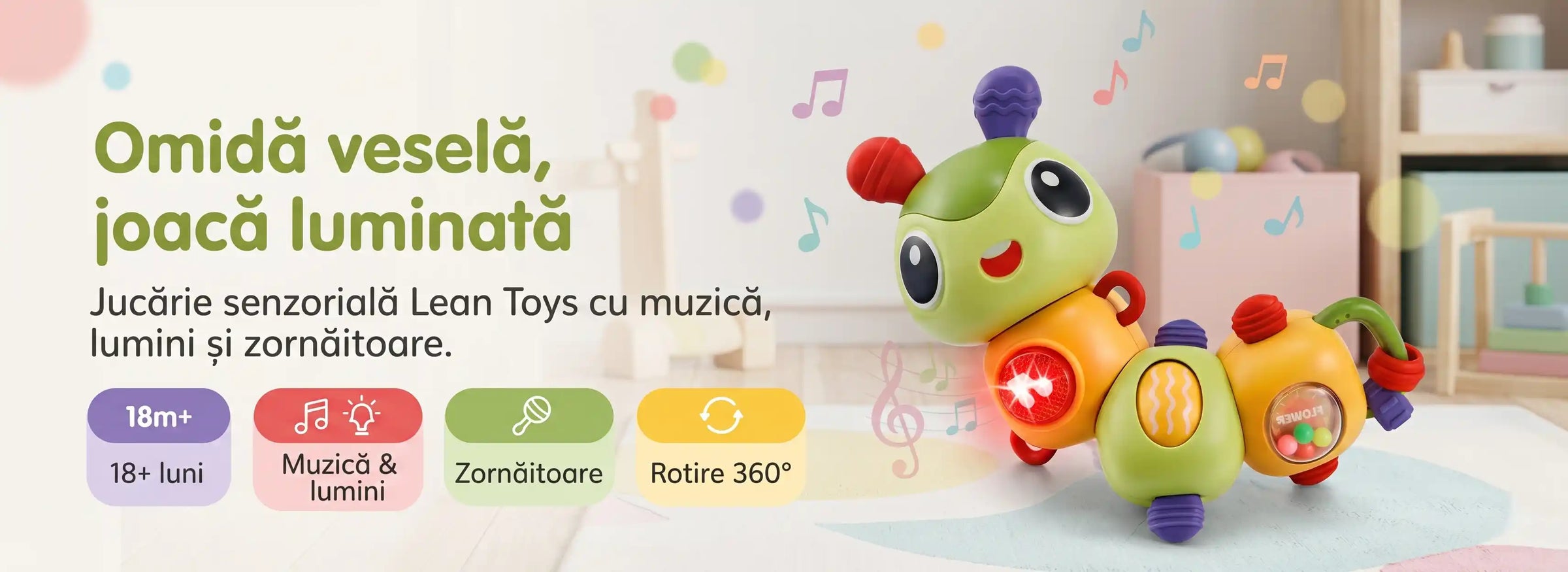 Banner AryaJoy pentru jucăria senzorială Lean Toys în formă de omidă, cu muzică, lumini, zornăitoare și rotire 360°.