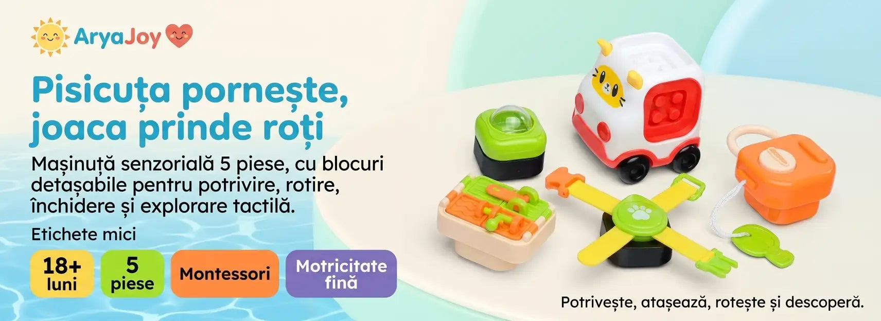 Banner AryaJoy pentru jucăria senzorială Woopie Training Blocks, mașinuță pisică 5 piese.