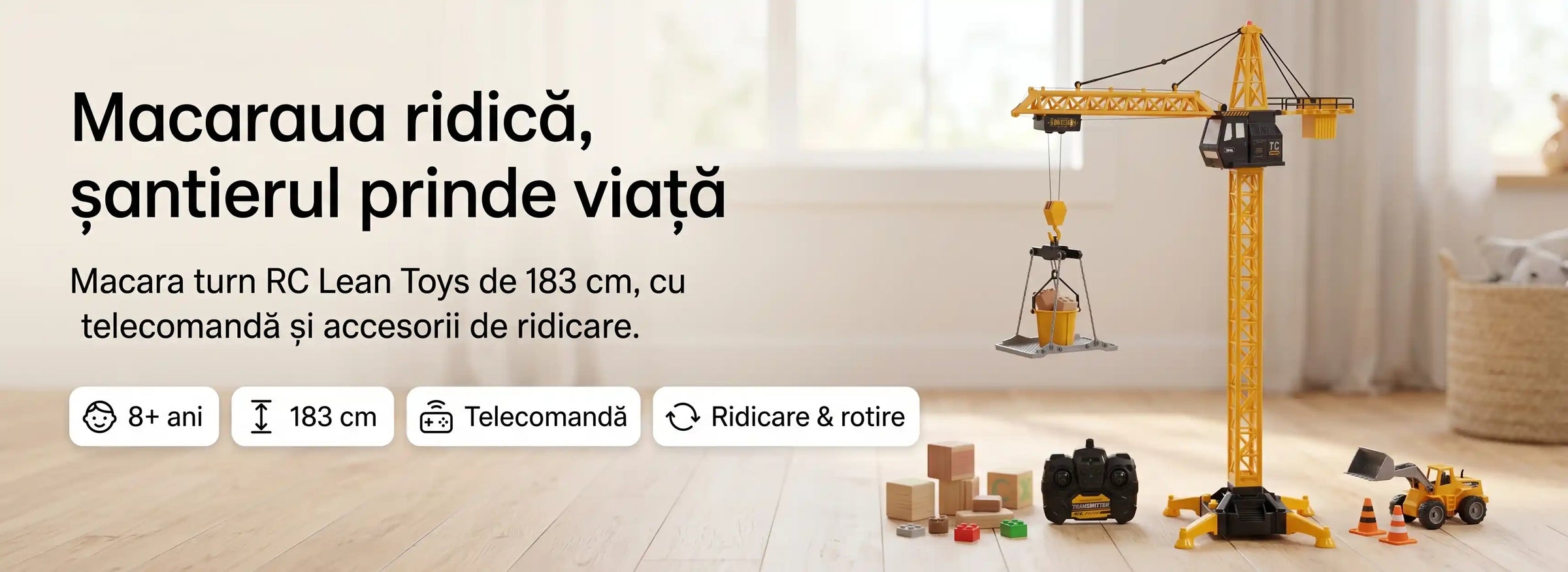 Banner AryaJoy pentru macara turn RC Lean Toys de 183 cm, cu telecomandă și accesorii de ridicare pentru joc de șantier