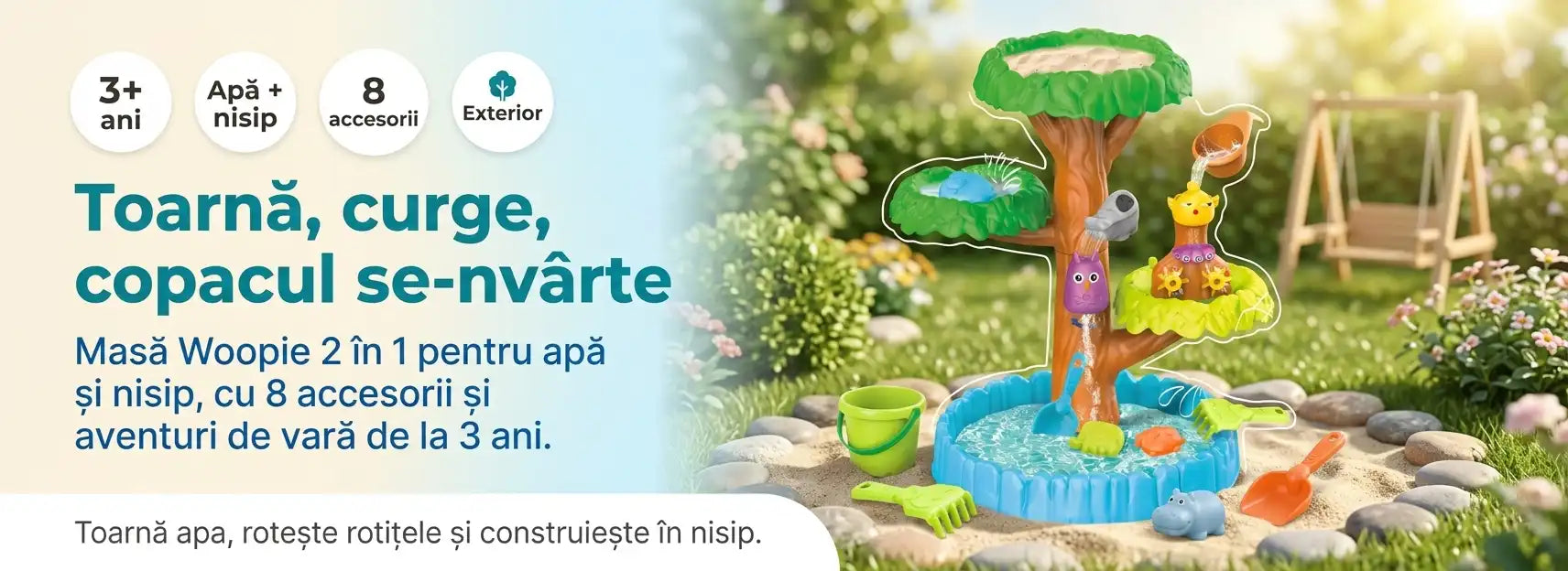 Banner AryaJoy pentru masa de apă și nisip Woopie Big Tree Water Table 2 în 1, cu copac, apă curgătoare și 8 accesorii pentru exterior.