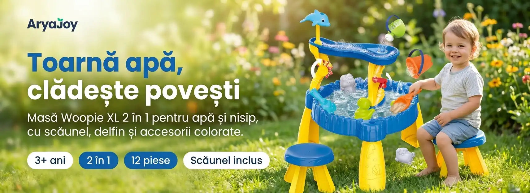 Banner AryaJoy pentru masa Woopie XL 2 în 1 pentru apă și nisip, cu scăunel, delfin și accesorii colorate pentru copii de la 3 ani.
