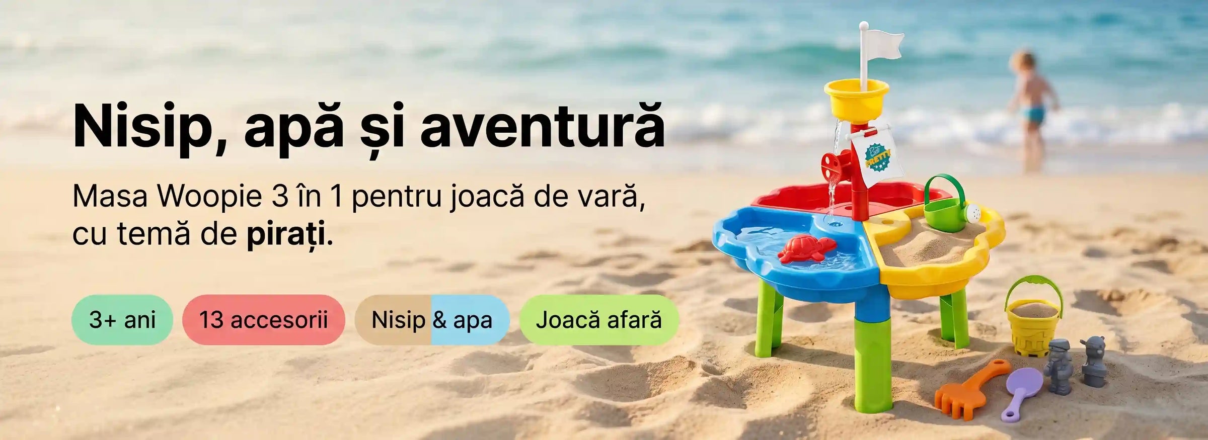 Banner AryaJoy pentru masa de joacă Woopie 3 în 1 pentru nisip și apă, cu temă de pirați, 13 accesorii și joacă de vară.