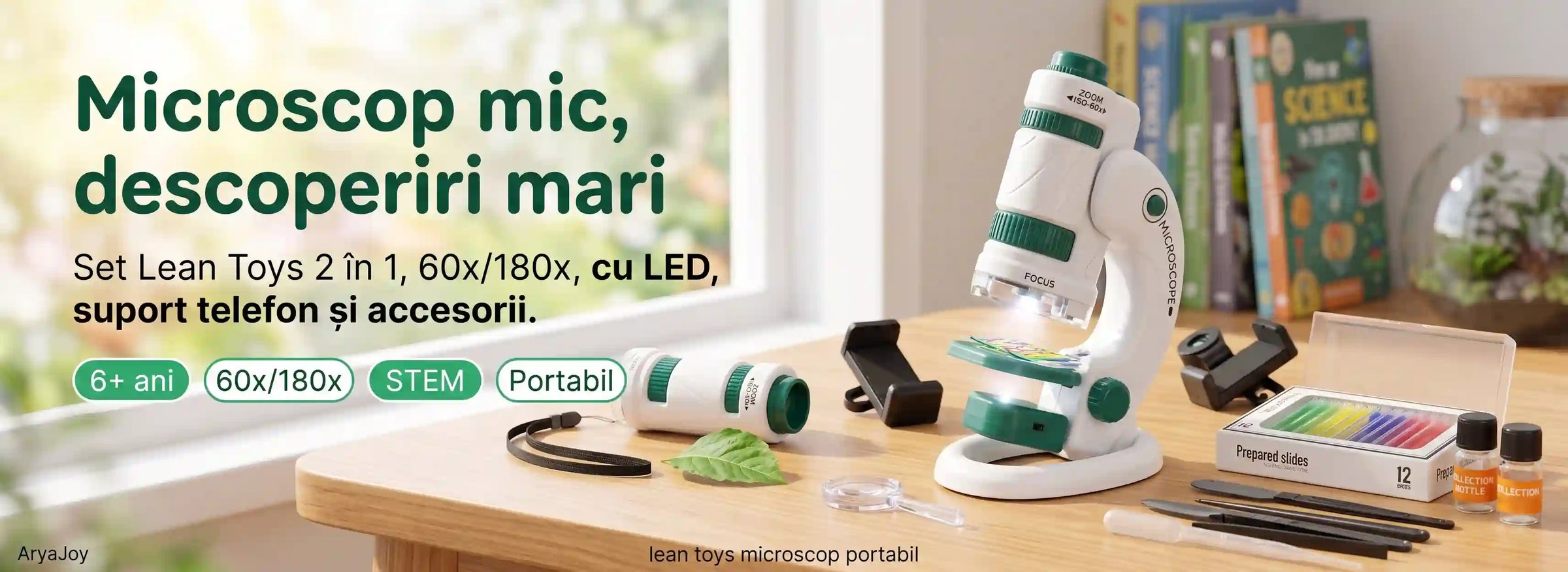 Banner AryaJoy pentru microscopul educativ portabil Lean Toys 2 în 1, 60x/180x, cu LED, suport telefon și accesorii.