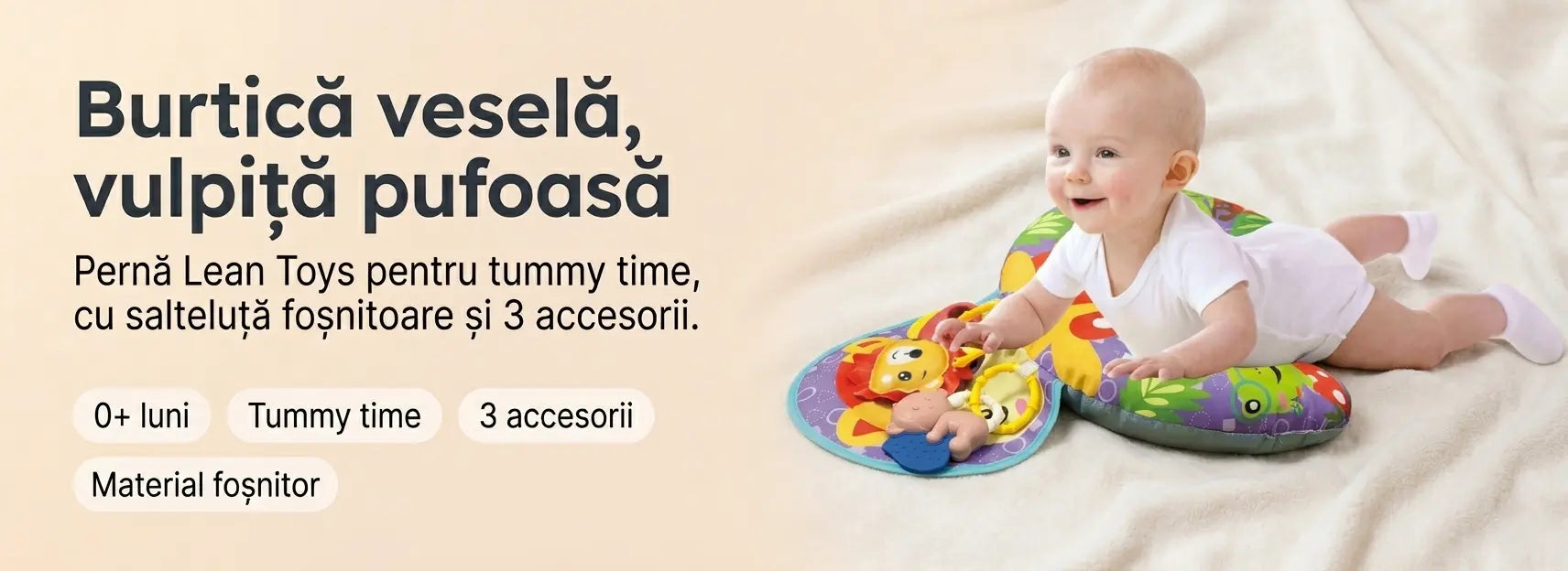 Banner AryaJoy pentru perna de burtică Lean Toys Vulpița, suport tummy time cu salteluță foșnitoare și 3 accesorii pentru bebeluși de la 0 luni.