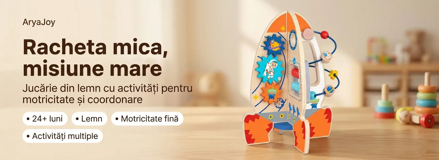 Banner AryaJoy pentru racheta educativă Tooky Toy Activity Rocket din lemn, cu activități multiple pentru motricitate și coordonare, 24+ luni.