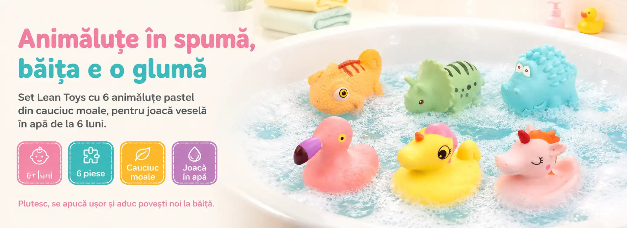 Banner AryaJoy pentru setul Lean Toys cu 6 animăluțe pastel din cauciuc moale pentru baie, recomandat 6+ luni.