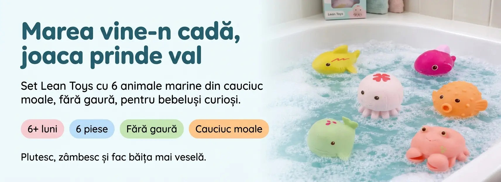 Banner AryaJoy pentru setul Lean Toys cu 6 animale marine de baie din cauciuc moale, fără gaură, plutind în cada cu spumă.
