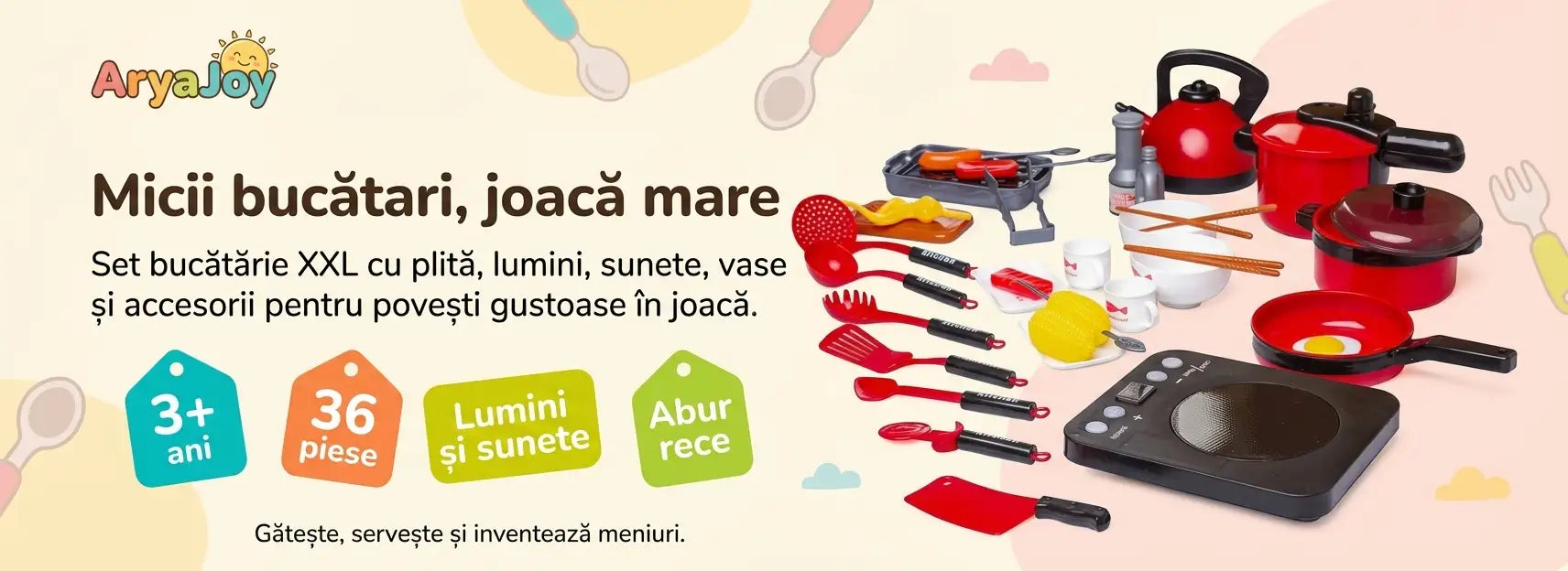 Banner AryaJoy pentru setul bucătărie Woopie Happy Kitchen XXL, cu 36 piese și plită interactivă.