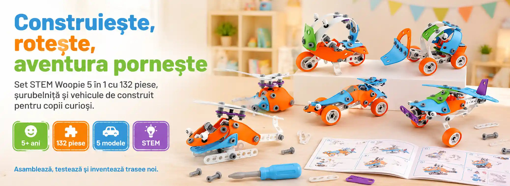Banner AryaJoy pentru setul de construcție STEM Woopie Build & Play 5 în 1, cu vehicule colorate, 132 piese, șurubelniță și instrucțiuni.