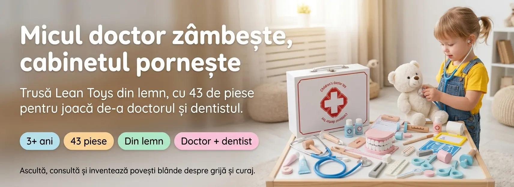 Banner AryaJoy pentru trusa doctor și dentist Lean Toys din lemn, cu valiză albă, 43 de piese și accesorii medicale pentru joc de rol.