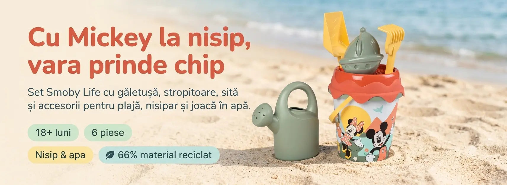 Banner AryaJoy pentru setul Smoby Life Mickey și Minnie cu găletușă, stropitoare, sită și accesorii pentru plajă, nisipar și joacă în apă.