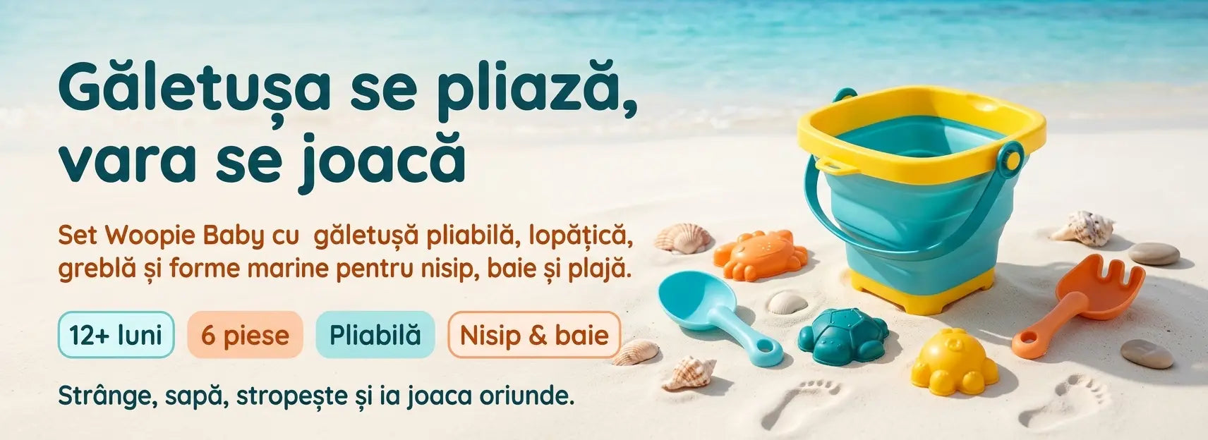 Banner AryaJoy pentru setul Woopie Baby cu găletușă pliabilă albastru-turcoaz, lopățică, greblă și forme marine pentru nisip, baie și plajă.