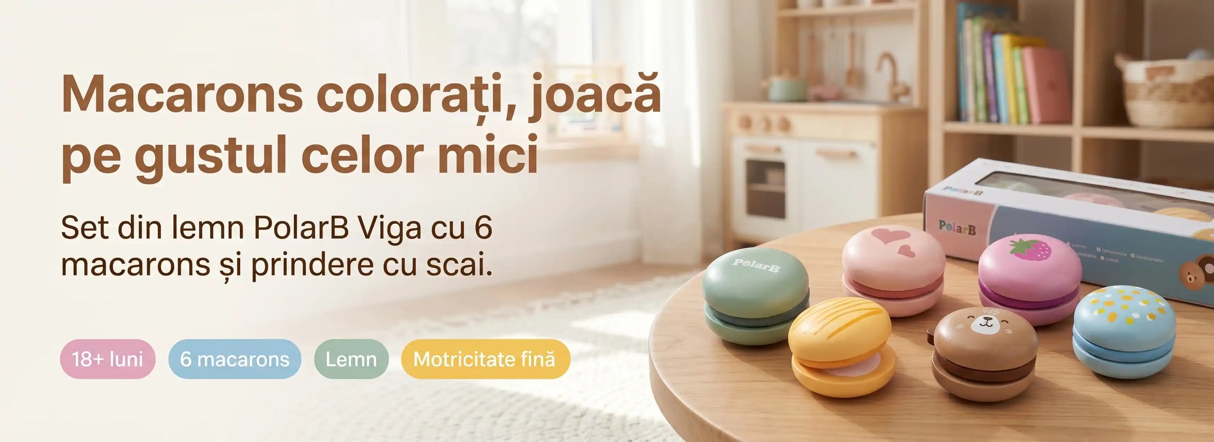 Banner AryaJoy pentru setul PolarB Viga cu 6 macarons din lemn în culori pastel, prindere cu scai și mesaj despre motricitate fină.