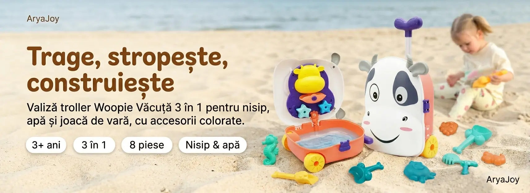 Banner AryaJoy pentru setul Woopie Valiză Troller Văcuță 3 în 1, cu 8 piese, nisip, apă și accesorii colorate pentru copii de la 3 ani.