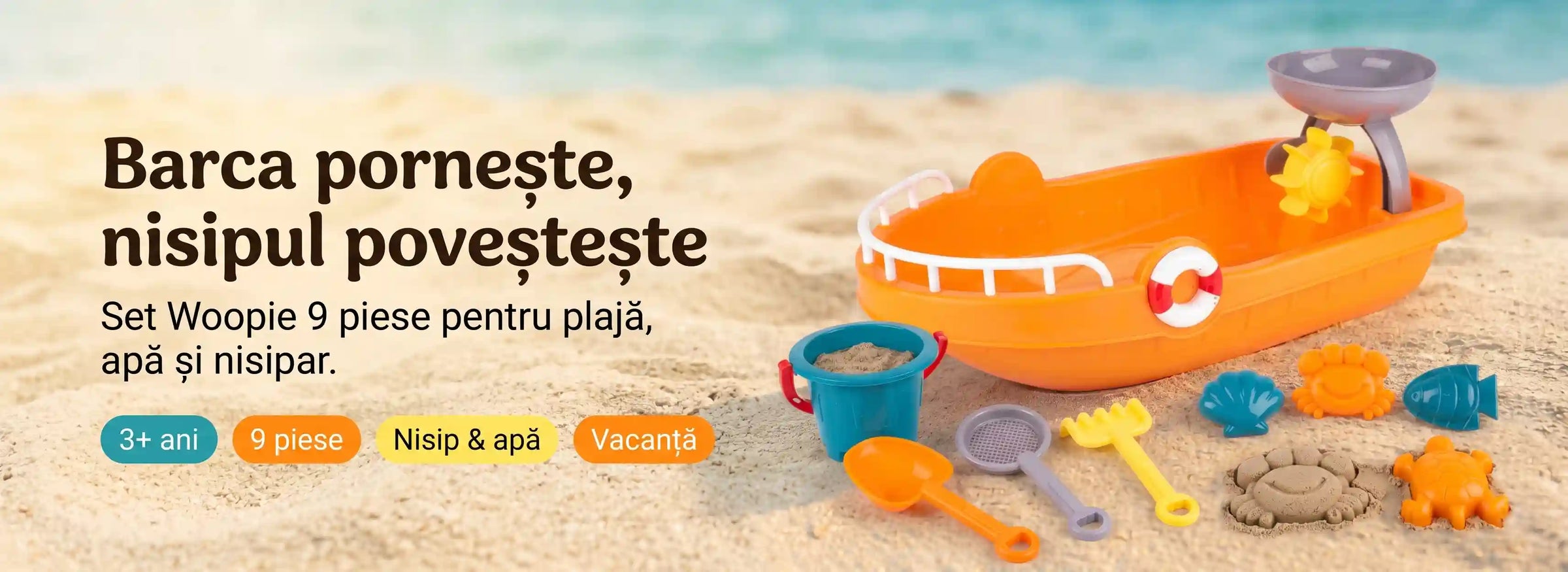Banner AryaJoy pentru setul Woopie cu barcă portocalie, 9 piese, pentru plajă, apă și nisipar.