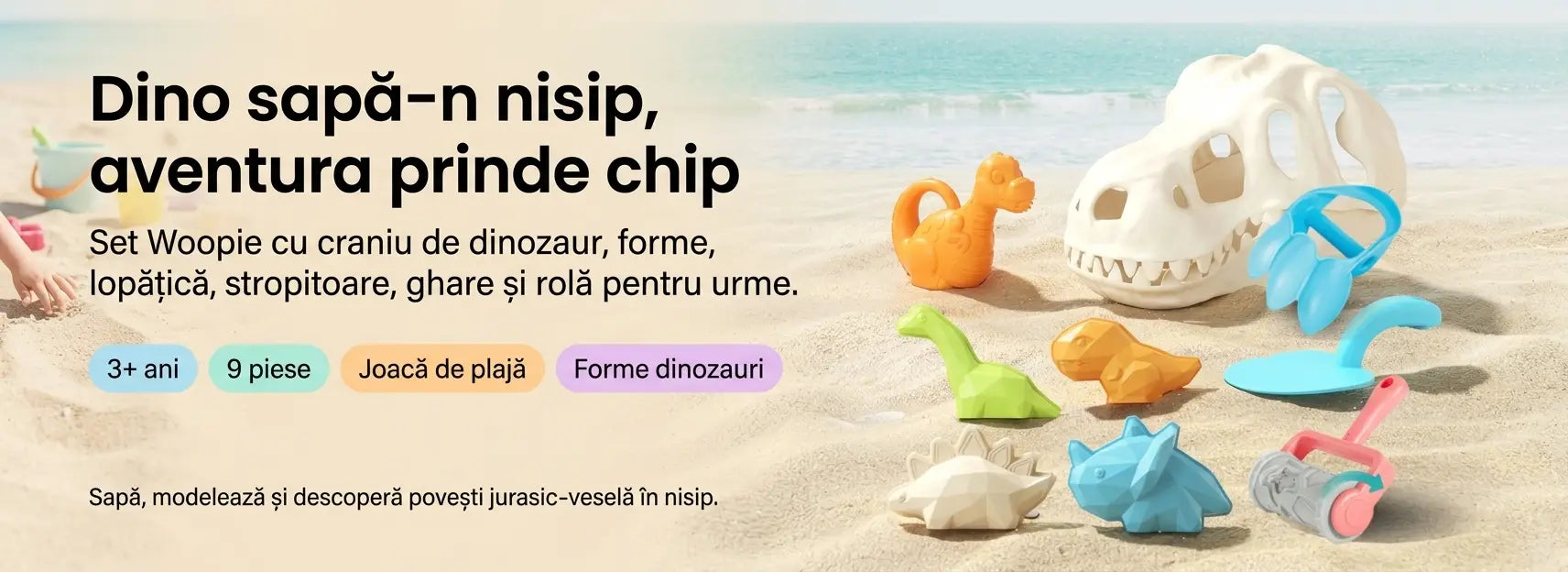 Banner AryaJoy pentru setul de nisip Woopie Dinozauri, cu craniu de dinozaur, forme colorate, lopățică, stropitoare, gheare și rolă pentru urme.