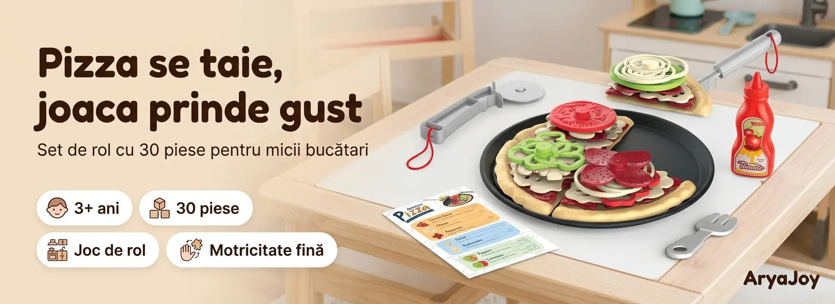 Banner AryaJoy pentru setul Woopie Pizza Slicer XL Restaurant, cu 30 piese, pizza de tăiat, toppinguri și accesorii pentru joc de rol.