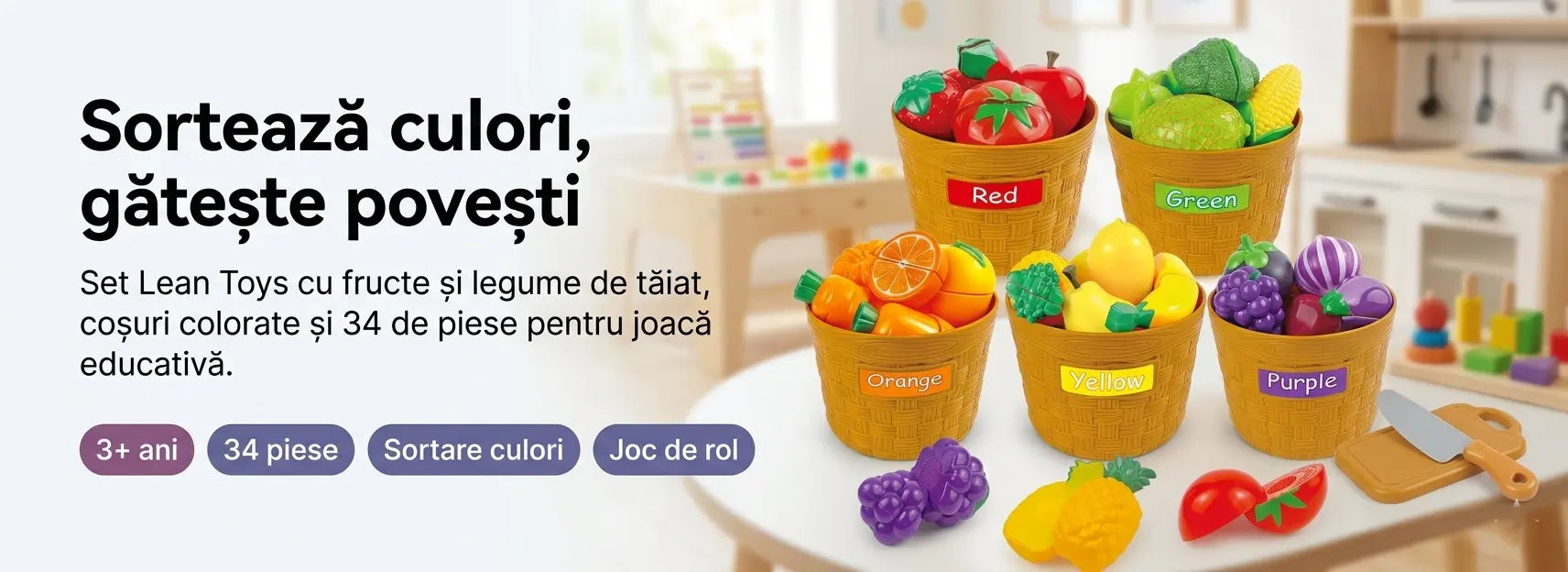 Banner AryaJoy pentru setul Lean Toys cu fructe și legume de sortat pe culori, 34 piese, coșuri, cuțit și tocător pentru joc educativ.