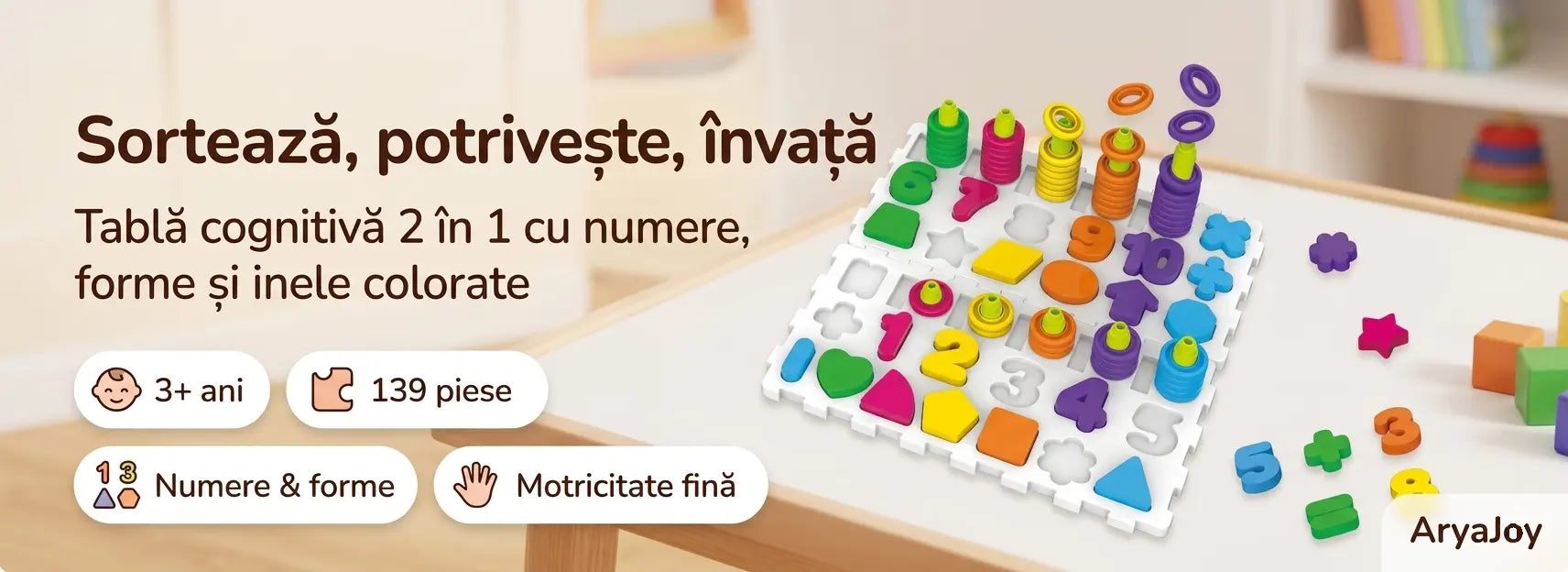 Banner AryaJoy pentru tabla cognitivă Woopie 2 în 1, sorter Montessori cu 139 piese, numere, forme și inele colorate.