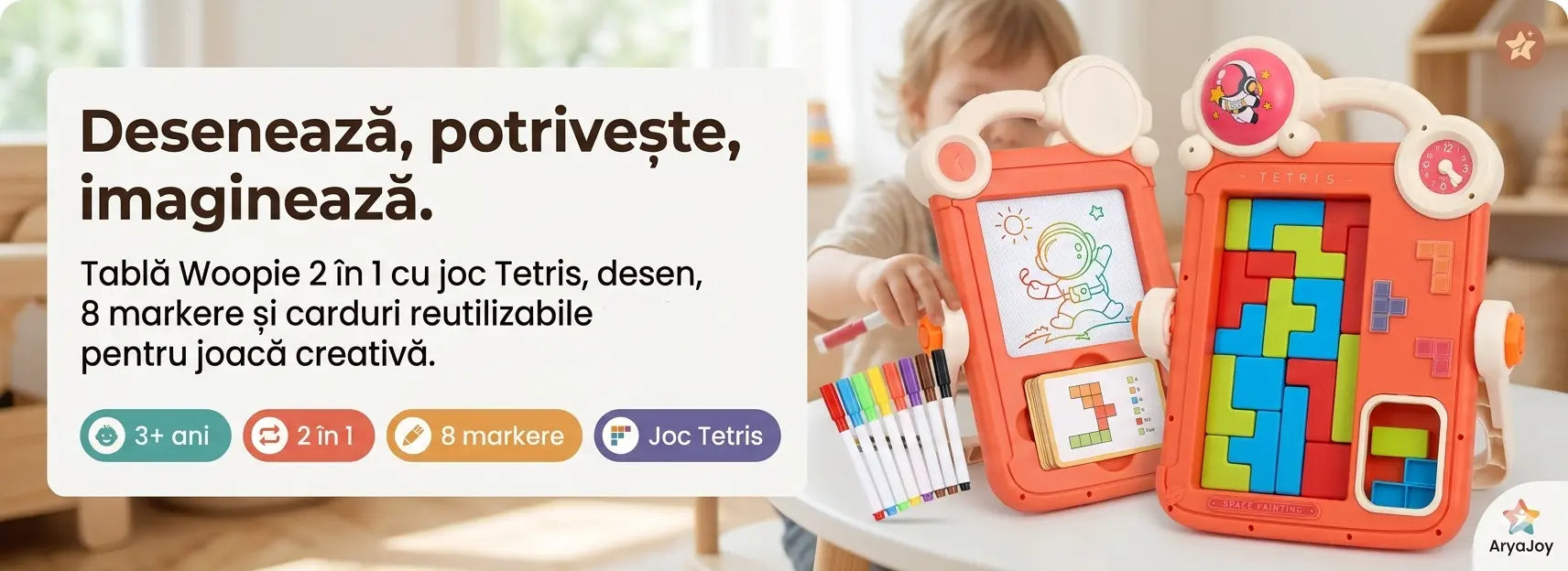 Banner AryaJoy pentru tabla de desen Woopie 2 în 1 portocalie, cu joc Tetris, desen, 8 markere și carduri reutilizabile pentru copii de la 3 ani.